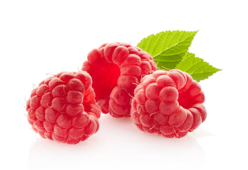 Three raspberries with a green leaf on a white background